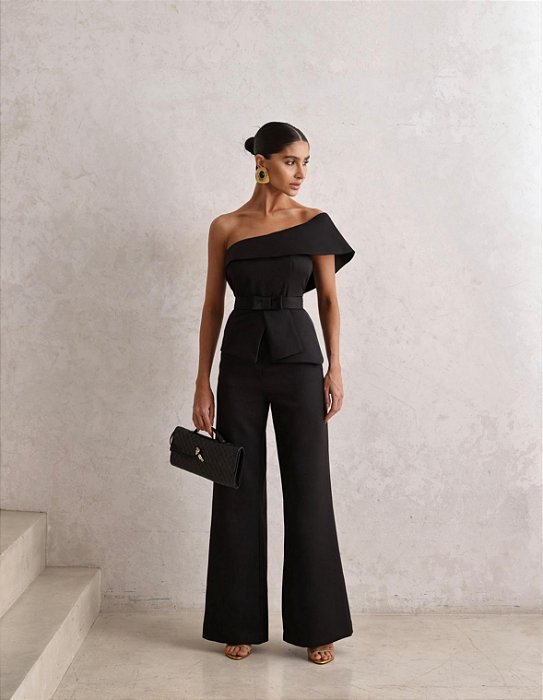 MACACÃO ALFAIATARIA PANTALONA CINTO - PRETO