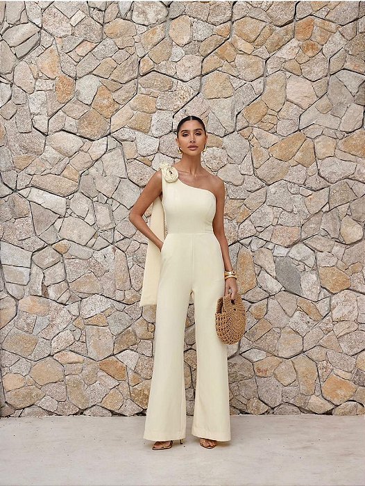 MACACÃO FLOWERS ALFAIATARIA UM OMBRO - AMARELO MANTEIGA