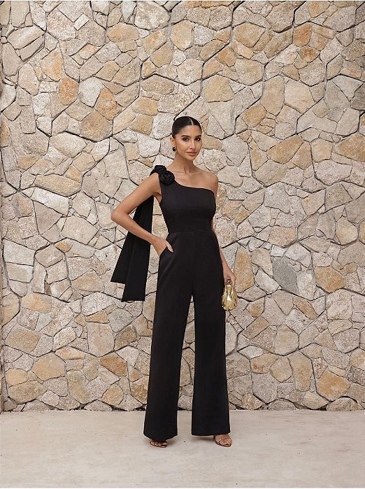 MACACÃO FLOWERS ALFAIATARIA UM OMBRO - PRETO