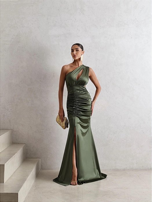 VESTIDO DE FESTA EXPLENDORE CREPE ACETINADO - VERDE OLIVA