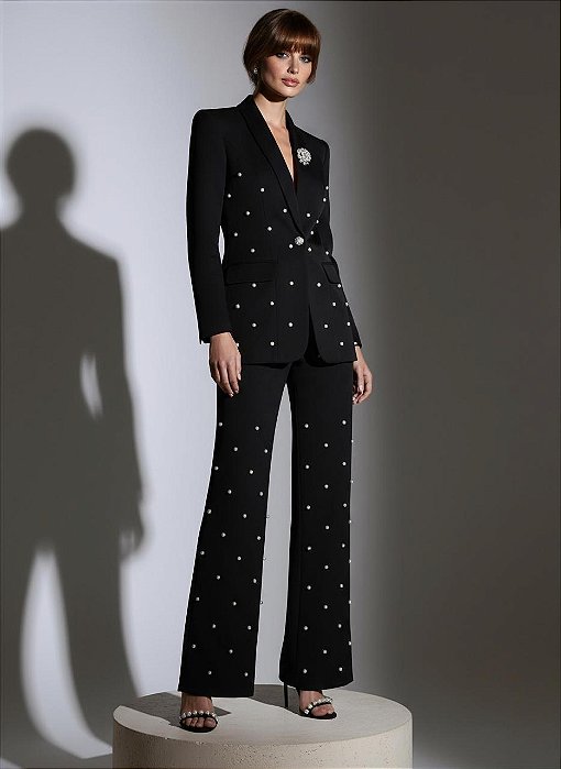 CALÇA PANTALONA EM ALFAIATARIA E PÉROLAS - PRETO