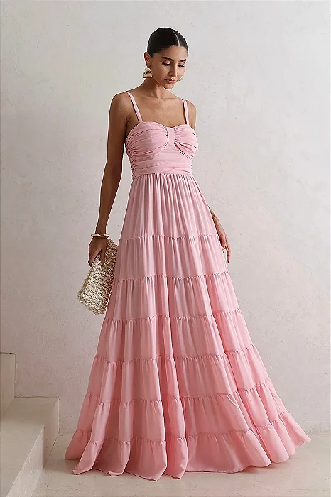 VESTIDO FLÁVIA LONGO DRAPEADO CHIFFON - ROSA