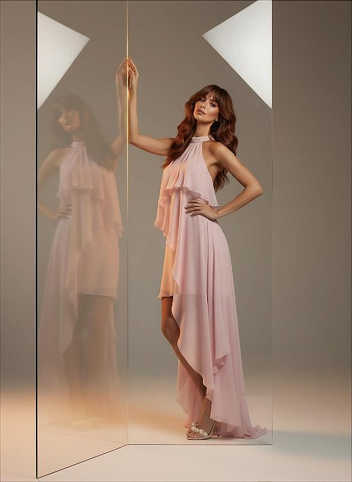 VESTIDO ASSIMÉTRICO HALTER BABADO - ROSA