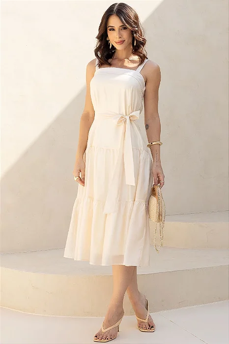 VESTIDO FELICIA COM ALÇA E FAIXA - BEGE