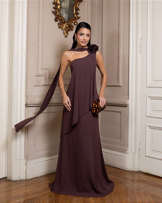 VESTIDO DE FESTA VENEZA CALDA FLOR - MARROM