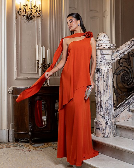 VESTIDO DE FESTA VENEZA CALDA FLOR - TERRACOTA