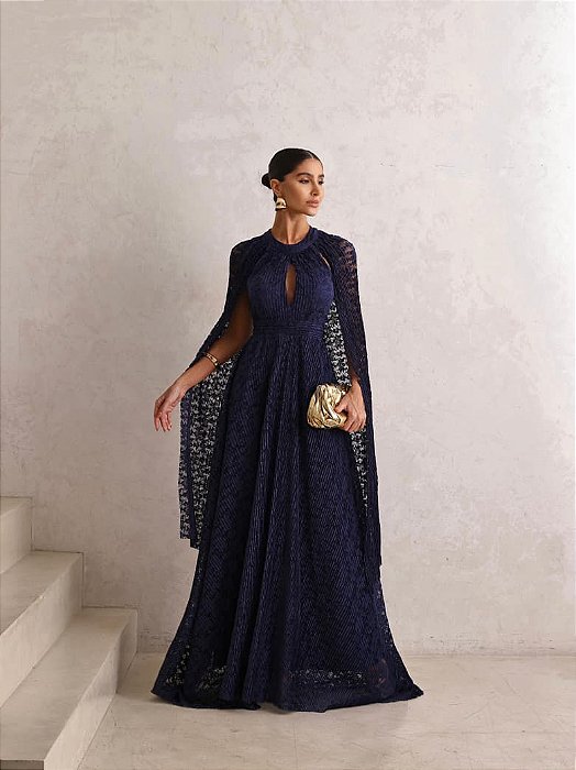 VESTIDO DE FESTA ANGRA RENDA COM CAPA REMOVÍVEL - AZUL MARINHO