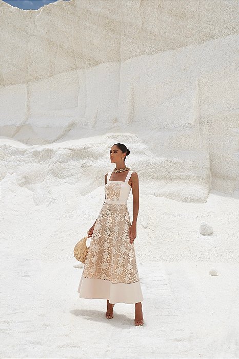 VESTIDO LONGUETE IPANEMA RENDA BORDADA - AREIA