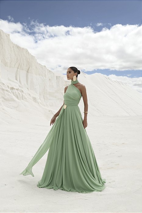 VESTIDO DE FESTA LONGO GRÉCIA COM FIVELA - VERDE PISTACHE