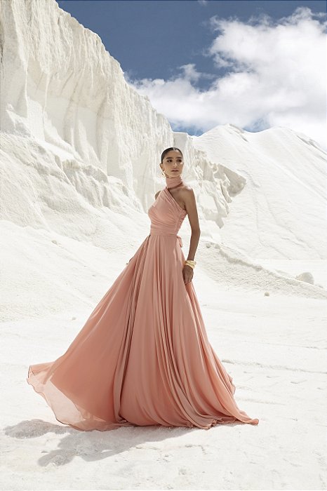VESTIDO DE FESTA LONGO GRÉCIA COM FIVELA - PÊSSEGO