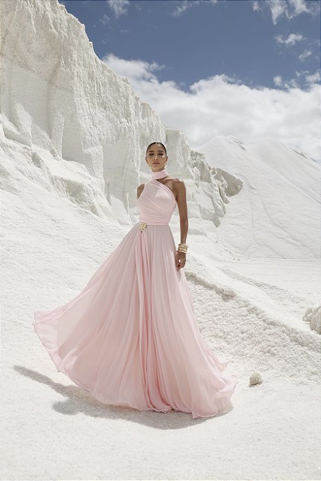 VESTIDO DE FESTA LONGO GRÉCIA COM FIVELA - ROSA CLARO