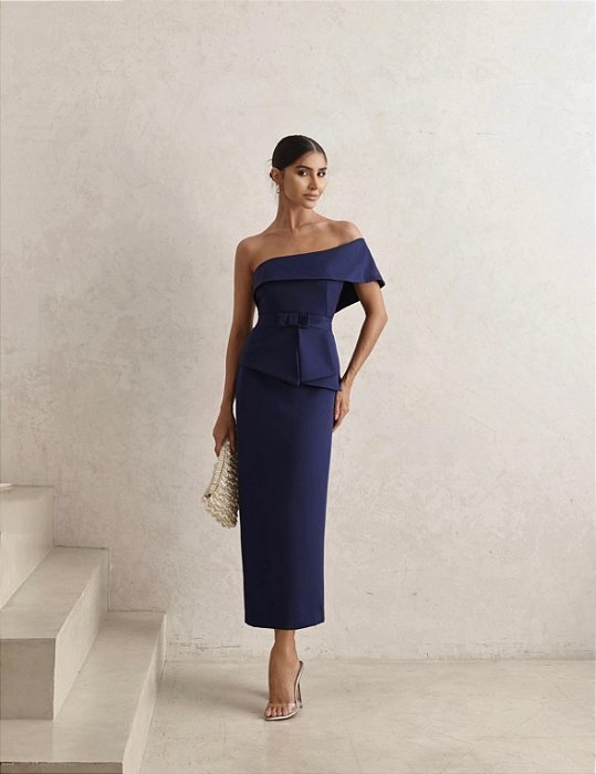 VESTIDO ESPANHA LONGUETE UM OMBRO COM CINTO - AZUL MARINHO