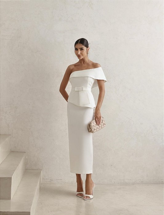 VESTIDO ESPANHA LONGUETE UM OMBRO COM CINTO - OFF WHITE