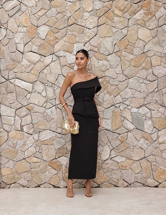 VESTIDO ESPANHA LONGUETE UM OMBRO COM CINTO - PRETO