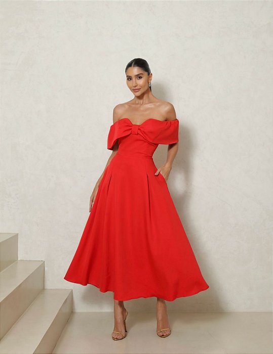 VESTIDO MIDI KAROL OMBRO A OMBRO LAÇO - VERMELHO