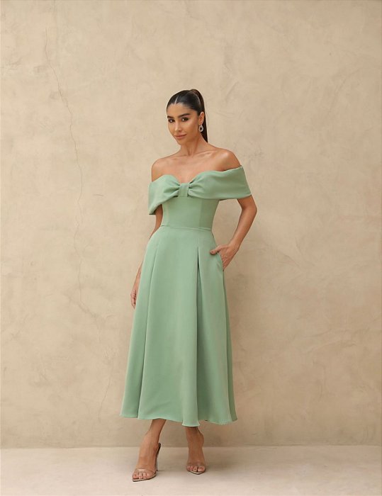 VESTIDO MIDI KAROL OMBRO A OMBRO LAÇO - VERDE MENTA