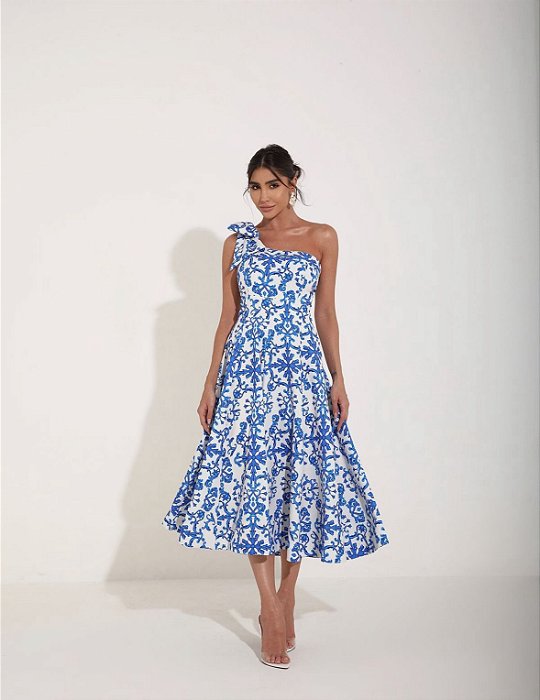 VESTIDO MIDI UM OMBRO BALDOSA - AZUL