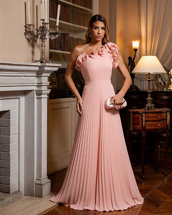 VESTIDO DE FESTA BOHEMIAN OMBRO FLOWERS - ROSÉ