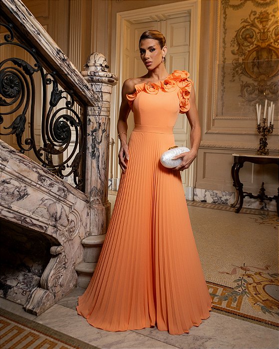 VESTIDO DE FESTA BOHEMIAN OMBRO FLOWERS - LARANJA