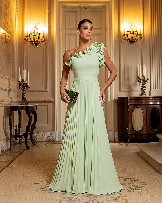 VESTIDO DE FESTA BOHEMIAN OMBRO FLOWERS - VERDE MENTA