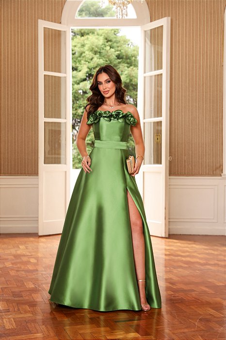 VESTIDO DE FESTA HOLAMBRA FLOWERS ZIBELINE - VERDE OLIVA