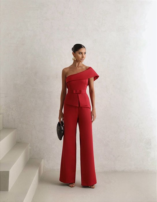 MACACÃO ALFAIATARIA PANTALONA CINTO - VERMELHO