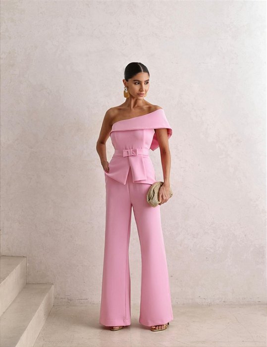 MACACÃO ALFAIATARIA PANTALONA CINTO - ROSA CLARO