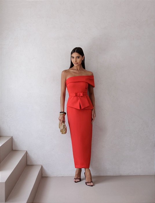 VESTIDO ESPANHA LONGUETE UM OMBRO COM CINTO - VERMELHO