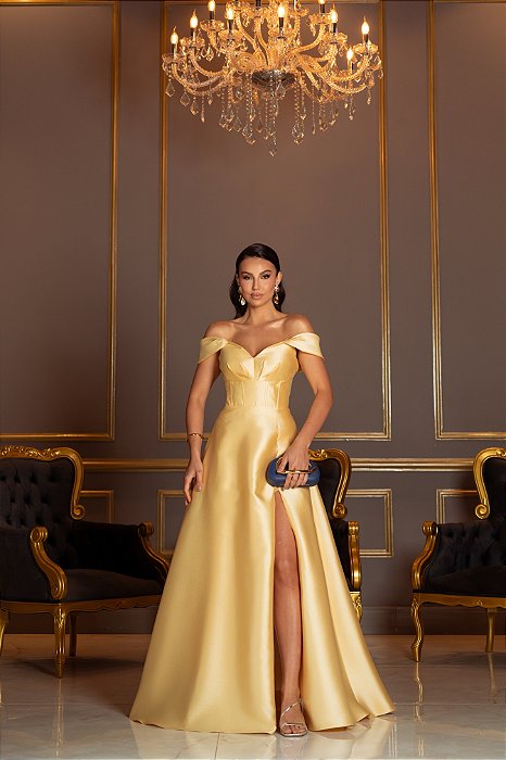 VESTIDO DE FESTA RAFAELA ZIBELINE OMBRO A OMBRO - AMARELO