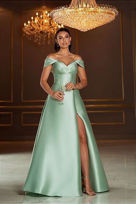 VESTIDO DE FESTA RAFAELA ZIBELINE OMBRO A OMBRO - VERDE MENTA