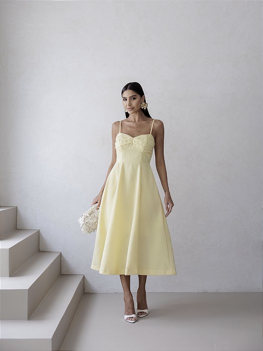 VESTIDO DAMARES ALÇAS FINAS PREGAS BUSTO - AMARELO