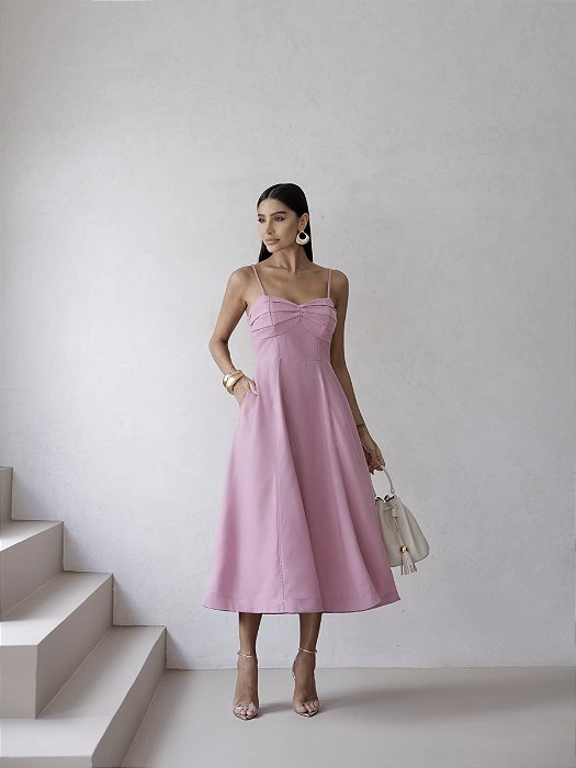 VESTIDO DAMARES ALÇAS FINAS PREGAS BUSTO - ROSA