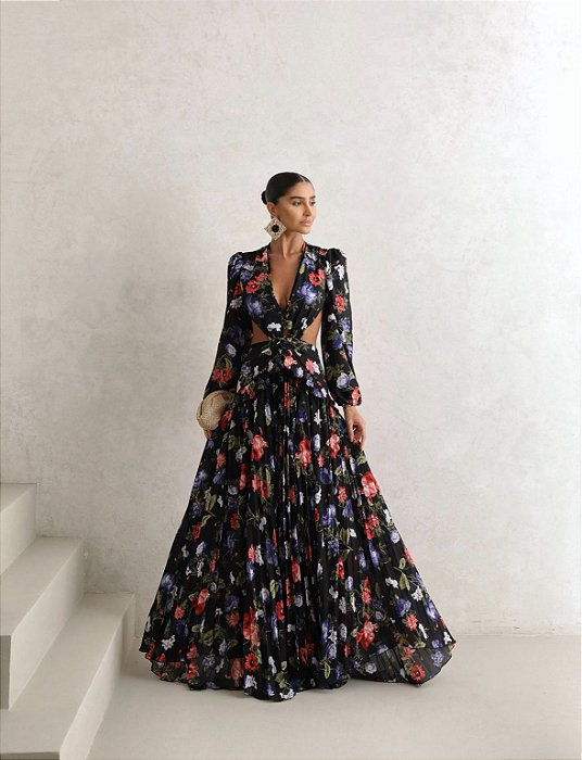 VESTIDO LONGO TRANCOSO ESTAMAPADO FLOWERS - PRETO
