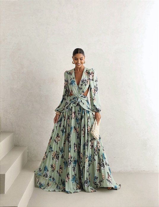VESTIDO LONGO TRANCOSO ESTAMAPADO FLOWERS - MENTA