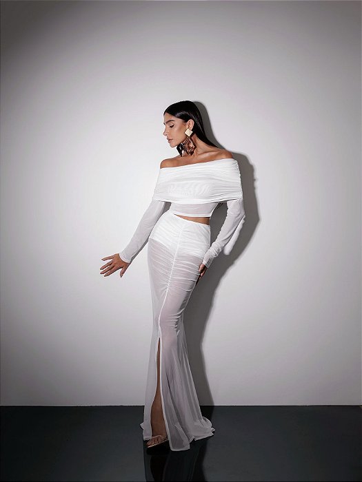 CONJUNTO BLUSA ML TULE OMBRO A OMBRO E SAIA LONGA TULE SEREIA SUMMER BOHO - BRANCO