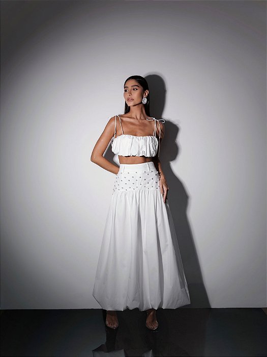 CONJUNTO CROPPED BALONÊ E SAIA PÉROLAS SUMMER CHIC - OFF WHITE