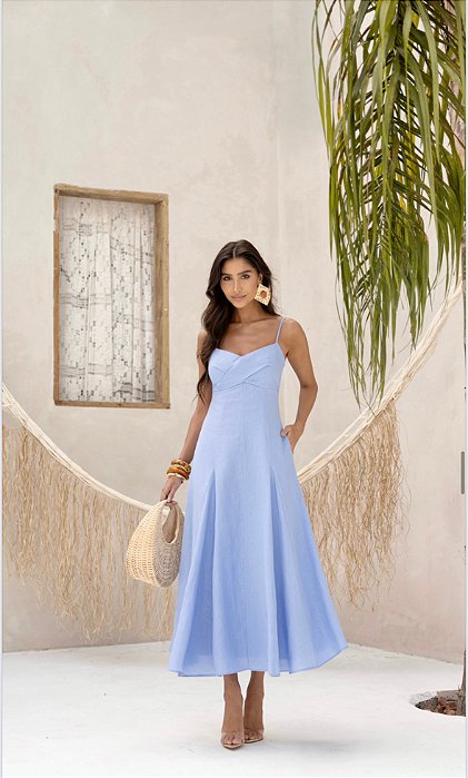 VESTIDO MIDI ANDREÁ 100% LINHO - AZUL