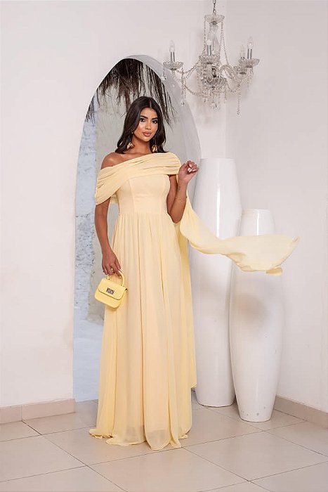 VESTIDO DE FESTA CLARICE COM ALÇA E CAPA REMOVÍVEL - AMARELO MANTEIGA