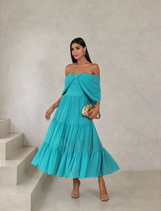 VESTIDO MIDI CAMILA CHIFFON - TURQUESA