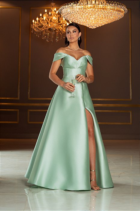 VESTIDO DE FESTA OKLAHOMA ZIBELINE OMBRO A OMBRO - VERDE MENTA
