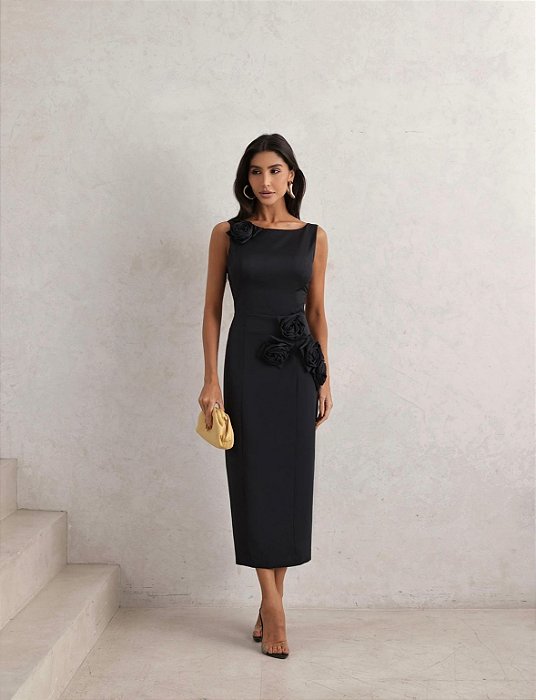 VESTIDO LONGUETE ROSES ABERTO COSTAS - PRETO