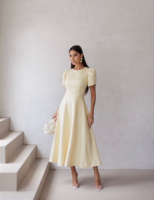 VESTIDO OLIVIA MIDI COM MANGA ALAFAIATARIA - AMARELO
