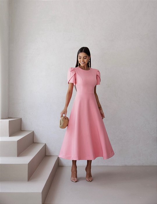 VESTIDO OLIVIA MIDI COM MANGA ALAFAIATARIA - ROSA CLARO