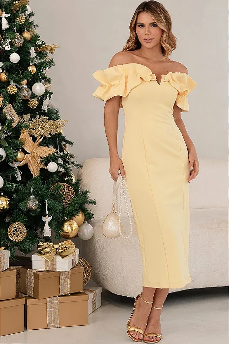 VESTIDO DRIELY MIDI DECOTE V COM BABADOS - AMARELO