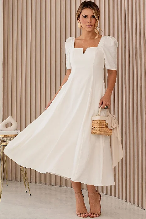 VESTIDO DAFNY DECOTE V COM MANGA - OFF WHITE