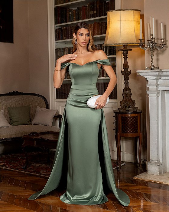 VESTIDO DE FESTA SAN DIEGO OMBRO A OMBRO - VERDE OLIVA