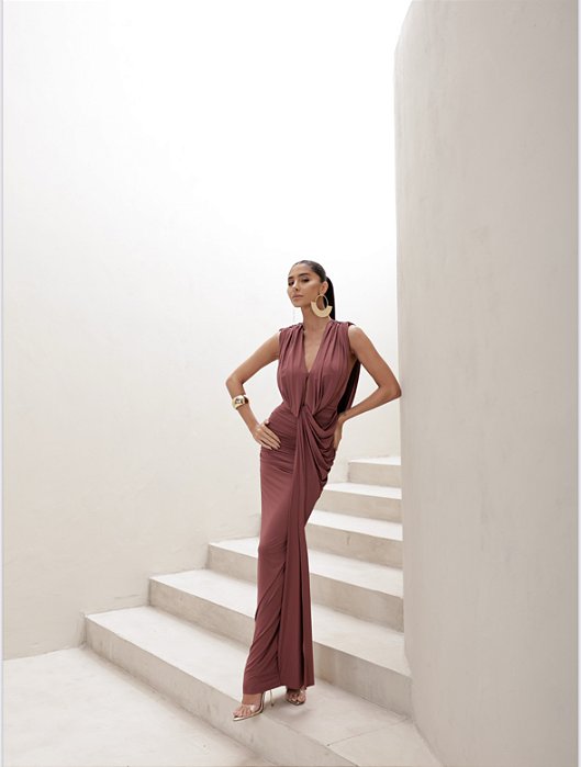 VESTIDO LONGO JERSEY DRAPEADO - ROSA SECO