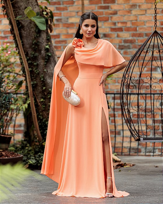 VESTIDO DE FESTA LONGO GARDEN DETALHE CAPA - LARANJA