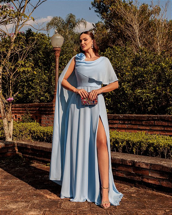 VESTIDO DE FESTA LONGO GARDEN DETALHE CAPA - AZUL SERENITY