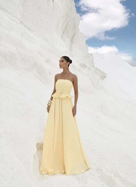 VESTIDO LONGO CREPE PLISSADO MALDIVAS - CAMOMILA